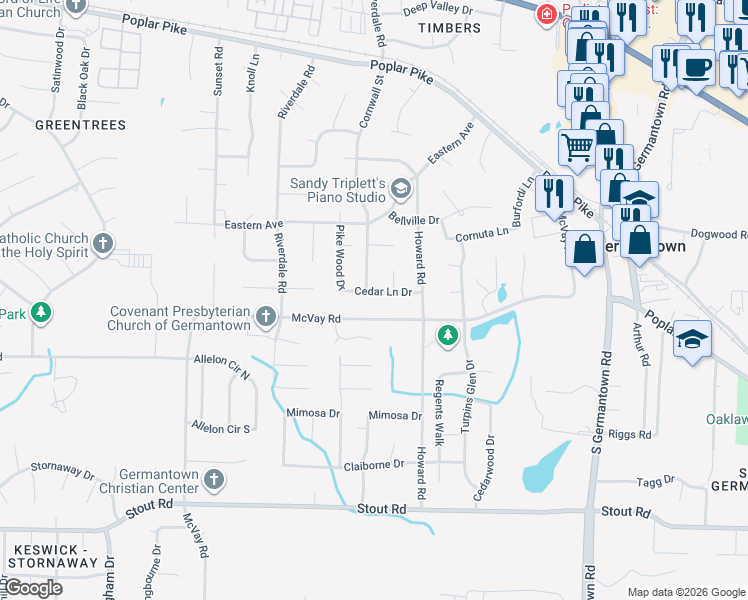 map of restaurants, bars, coffee shops, grocery stores, and more near 7247 Cedar Lane Drive in Germantown