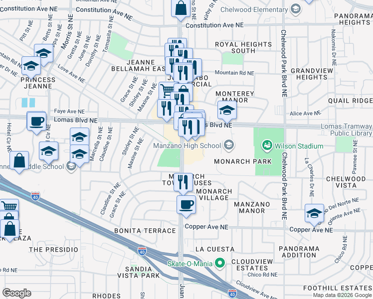 map of restaurants, bars, coffee shops, grocery stores, and more near 800 Juan Tabo Boulevard Northeast in Albuquerque
