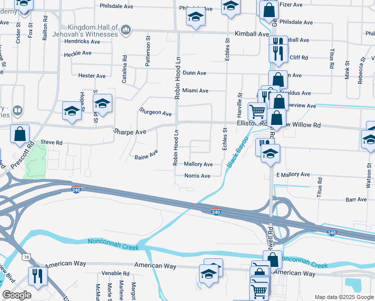 map of restaurants, bars, coffee shops, grocery stores, and more near 1711 Coleen Road in Memphis
