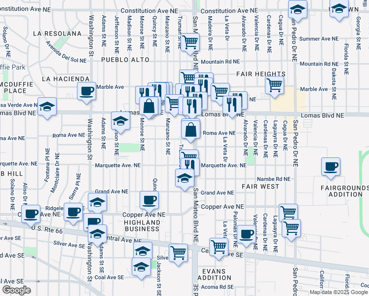 map of restaurants, bars, coffee shops, grocery stores, and more near 434 Truman Street Northeast in Albuquerque