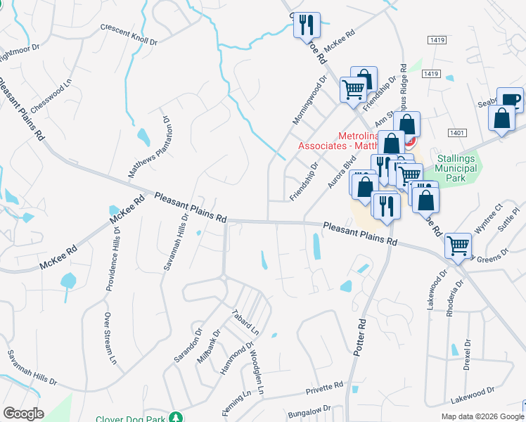 map of restaurants, bars, coffee shops, grocery stores, and more near 5208 Morningwood Drive in Matthews