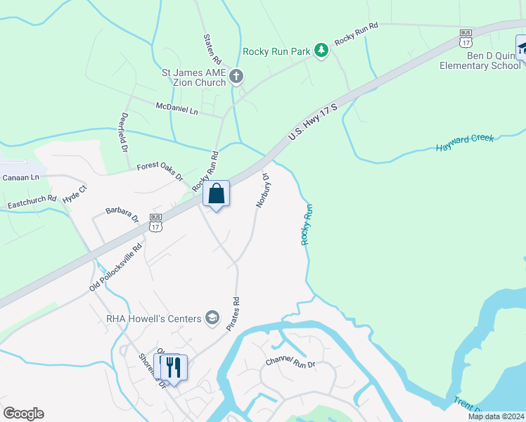 map of restaurants, bars, coffee shops, grocery stores, and more near 115 Norbury Drive in New Bern