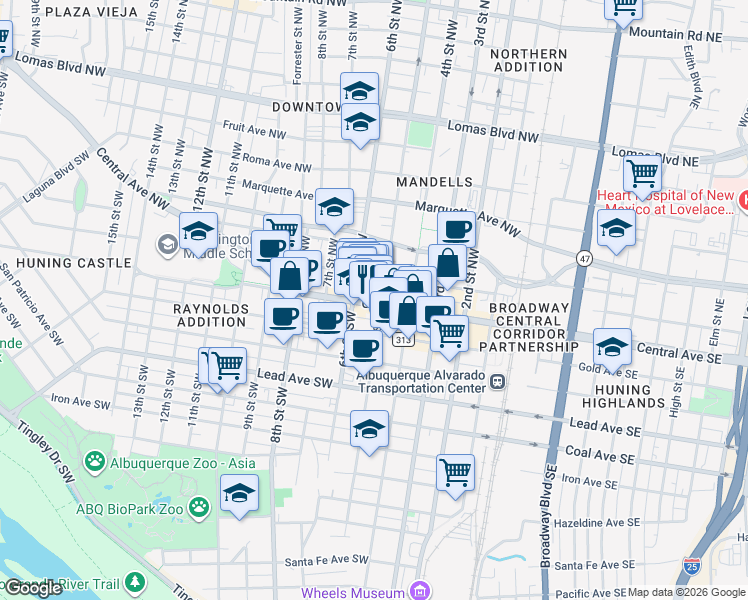 map of restaurants, bars, coffee shops, grocery stores, and more near 505 Central Avenue Southwest in Albuquerque