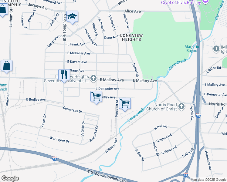map of restaurants, bars, coffee shops, grocery stores, and more near 765 East Dempster Avenue in Memphis