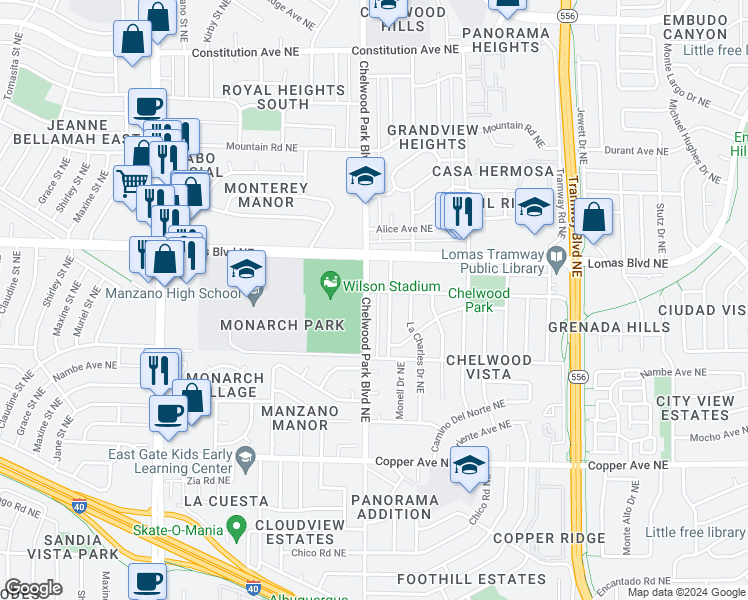 map of restaurants, bars, coffee shops, grocery stores, and more near 844 Chelwood Park Boulevard Northeast in Albuquerque