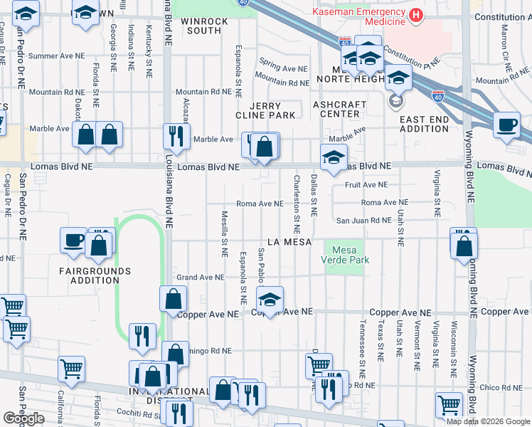 map of restaurants, bars, coffee shops, grocery stores, and more near 632 San Pablo Street Northeast in Albuquerque