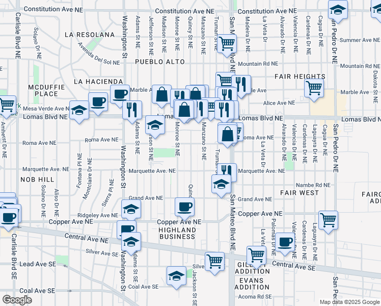 map of restaurants, bars, coffee shops, grocery stores, and more near 435 Quincy Street Northeast in Albuquerque