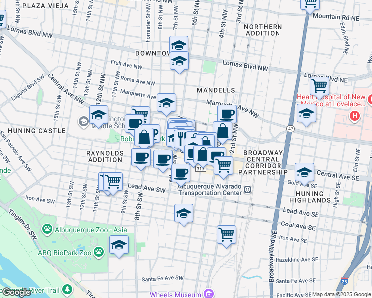 map of restaurants, bars, coffee shops, grocery stores, and more near 505 Central Avenue Southwest in Albuquerque