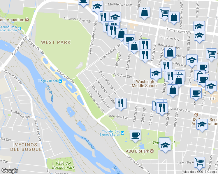 map of restaurants, bars, coffee shops, grocery stores, and more near 1509 San Carlos Road Southwest in Albuquerque