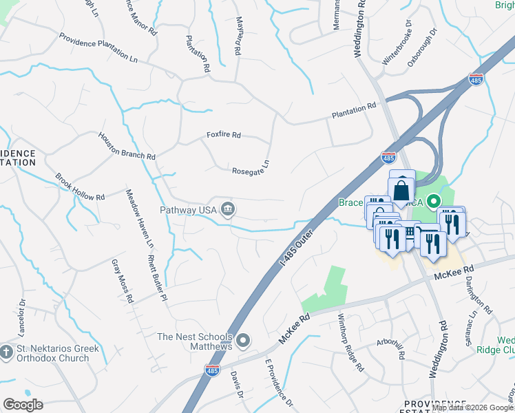 map of restaurants, bars, coffee shops, grocery stores, and more near 5433 Flowering Dogwood Lane in Charlotte