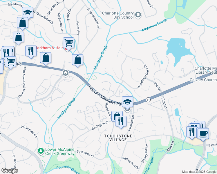 map of restaurants, bars, coffee shops, grocery stores, and more near 6609 Reafield Drive in Charlotte