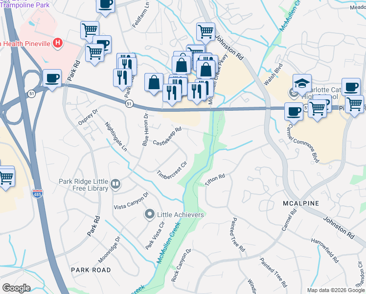 map of restaurants, bars, coffee shops, grocery stores, and more near 8503 Timbercrest Circle in Charlotte