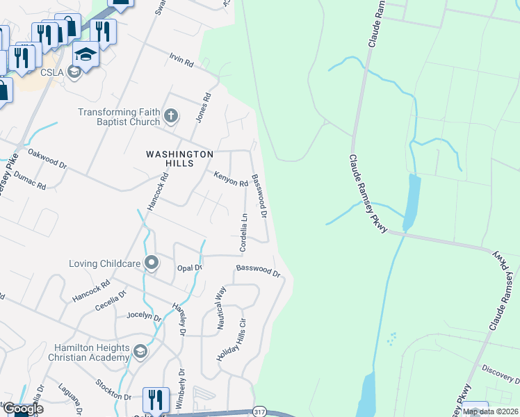 map of restaurants, bars, coffee shops, grocery stores, and more near 4818 Basswood Drive in Chattanooga