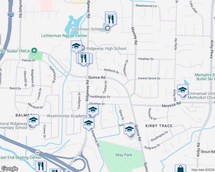 map of restaurants, bars, coffee shops, grocery stores, and more near 2336 Tarbet Drive in Memphis