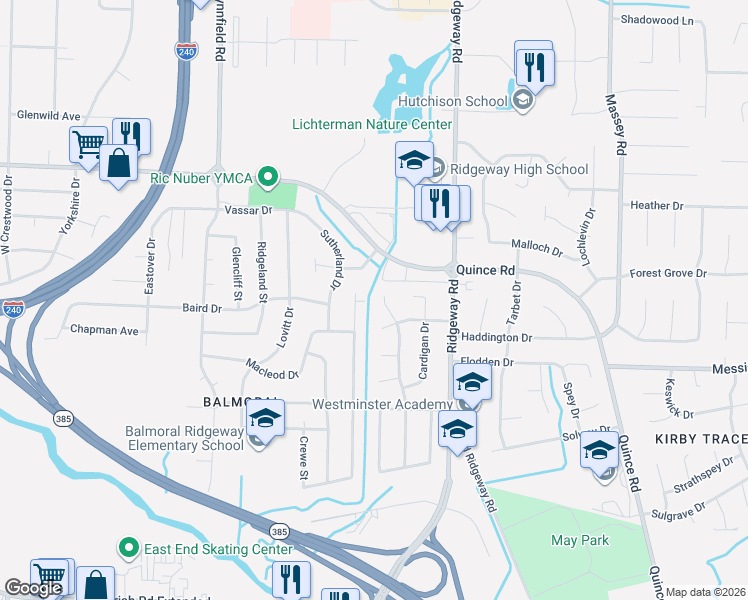 map of restaurants, bars, coffee shops, grocery stores, and more near 2353 Syon Drive in Memphis