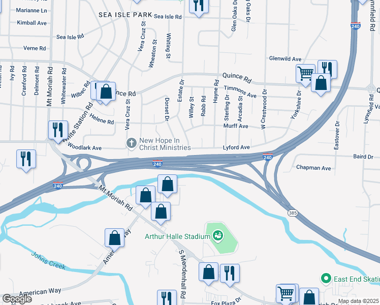 map of restaurants, bars, coffee shops, grocery stores, and more near 5325 Lyford Avenue in Memphis