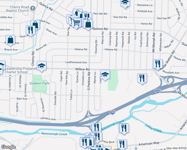 map of restaurants, bars, coffee shops, grocery stores, and more near 1704 South Perkins Road in Memphis