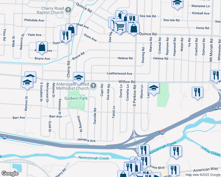 map of restaurants, bars, coffee shops, grocery stores, and more near 1714 Tahiti Lane in Memphis