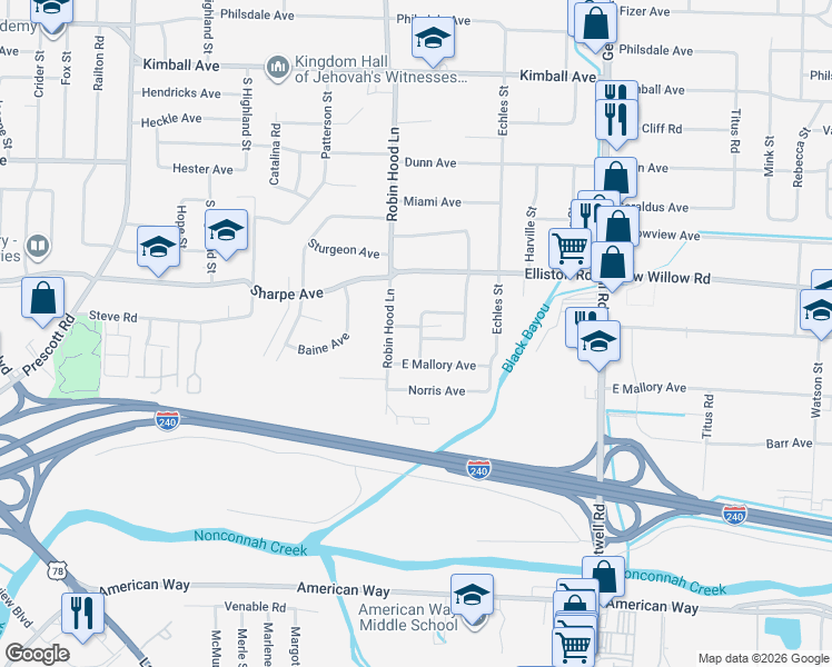 map of restaurants, bars, coffee shops, grocery stores, and more near 1711 Coleen Road in Memphis