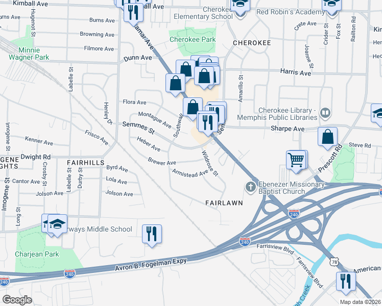 map of restaurants, bars, coffee shops, grocery stores, and more near 2957 Semmes Street in Memphis