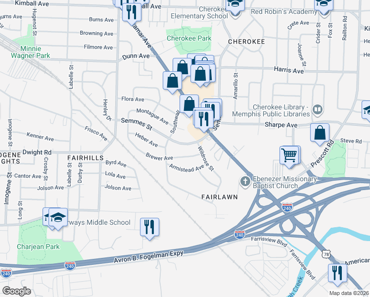 map of restaurants, bars, coffee shops, grocery stores, and more near 2957 Semmes Street in Memphis