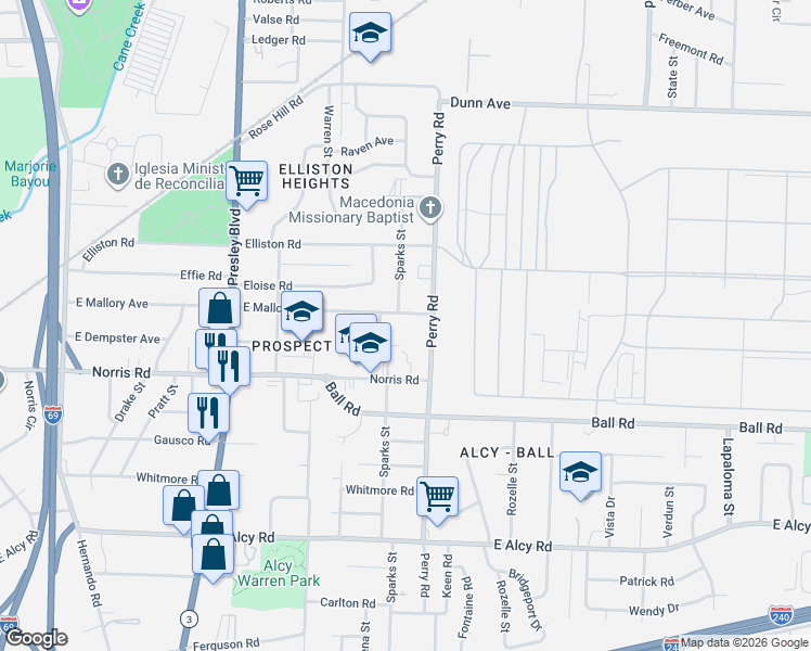 map of restaurants, bars, coffee shops, grocery stores, and more near 1529 East Mallory Avenue in Memphis