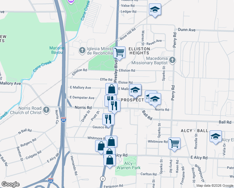 map of restaurants, bars, coffee shops, grocery stores, and more near 1347 East Mallory Avenue in Memphis