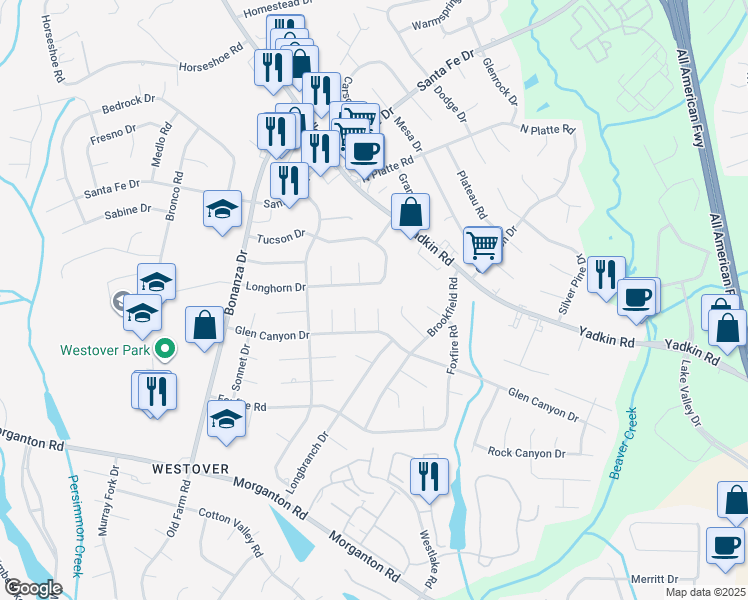 map of restaurants, bars, coffee shops, grocery stores, and more near 5317 Tabor Court in Fayetteville