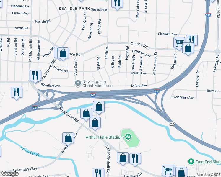 map of restaurants, bars, coffee shops, grocery stores, and more near 5325 Lyford Avenue in Memphis