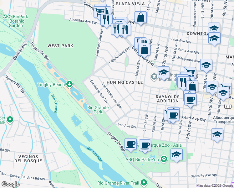 map of restaurants, bars, coffee shops, grocery stores, and more near 1509 San Carlos Road Southwest in Albuquerque