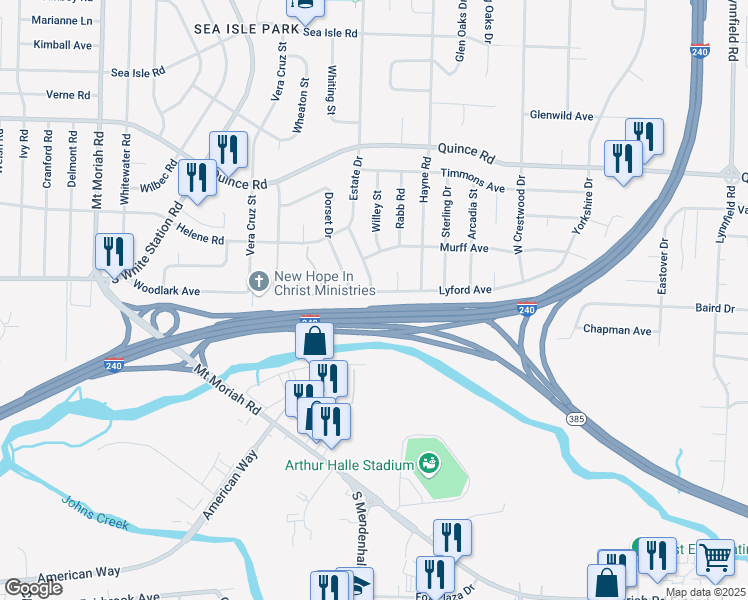 map of restaurants, bars, coffee shops, grocery stores, and more near 5325 Lyford Avenue in Memphis