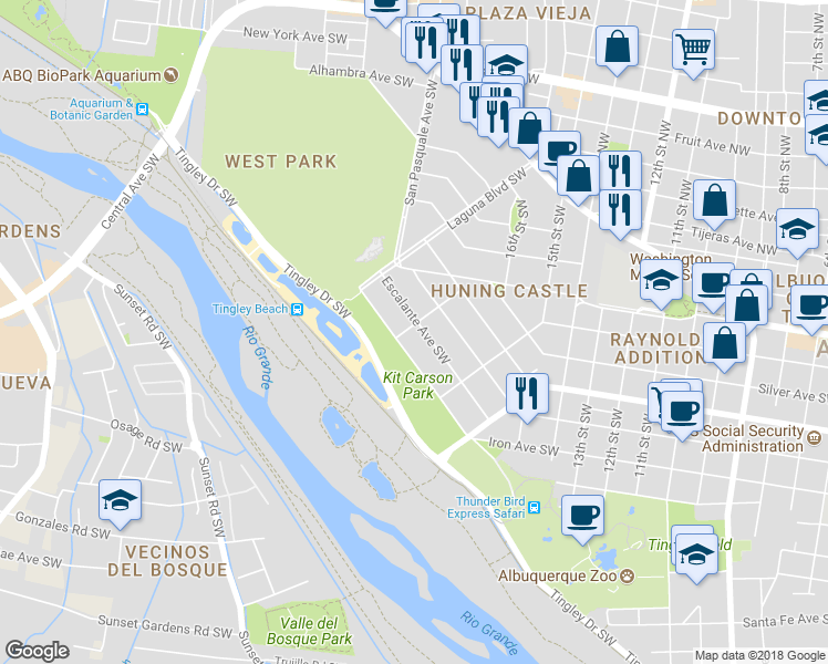 map of restaurants, bars, coffee shops, grocery stores, and more near 1624 Escalante Avenue Southwest in Albuquerque