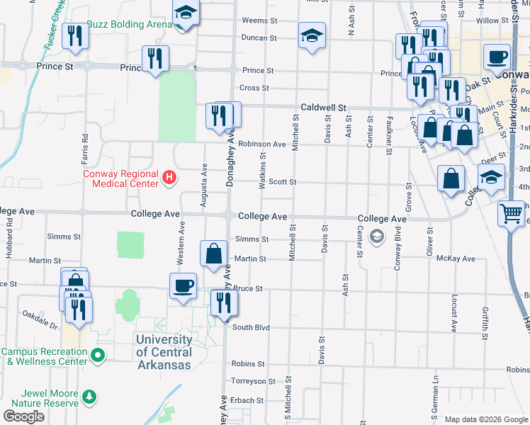 map of restaurants, bars, coffee shops, grocery stores, and more near 2002 College Avenue in Conway