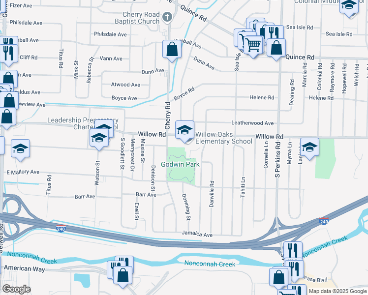 map of restaurants, bars, coffee shops, grocery stores, and more near 4417 Willow Road in Memphis