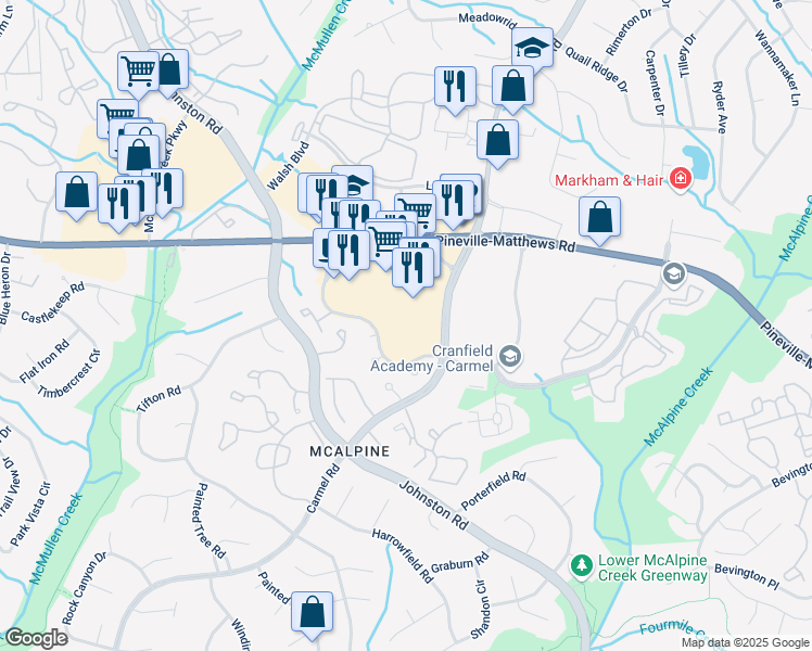 map of restaurants, bars, coffee shops, grocery stores, and more near 11111 Carmel Commons Boulevard in Charlotte