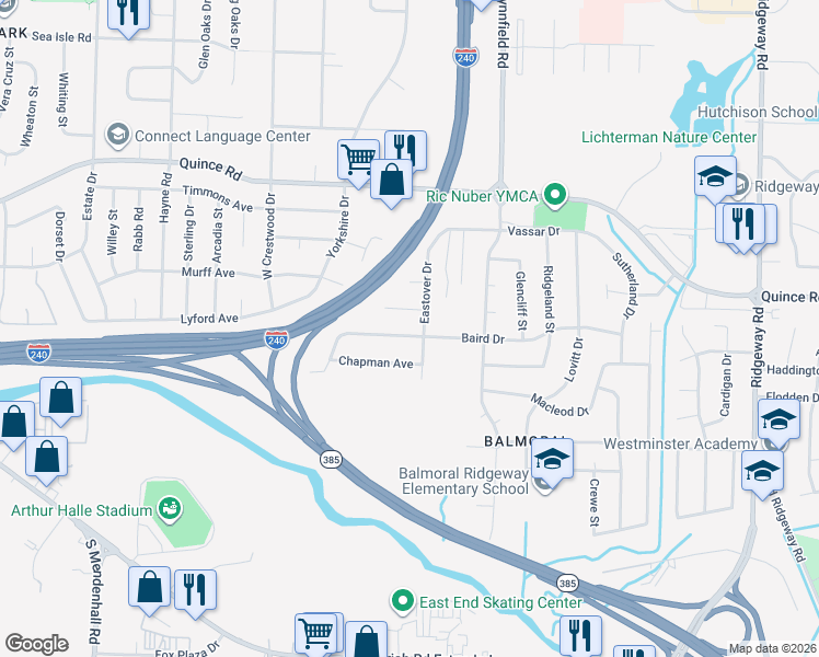 map of restaurants, bars, coffee shops, grocery stores, and more near 5724 Baird Drive in Memphis