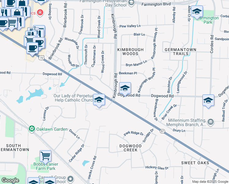 map of restaurants, bars, coffee shops, grocery stores, and more near Kimbrough Rd & Dogwood Rd in Germantown