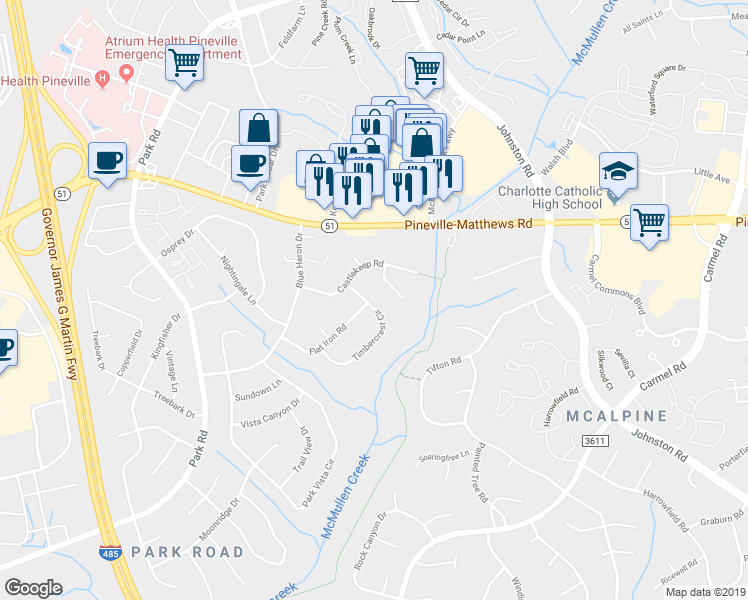 map of restaurants, bars, coffee shops, grocery stores, and more near 8503 Timbercrest Circle in Charlotte