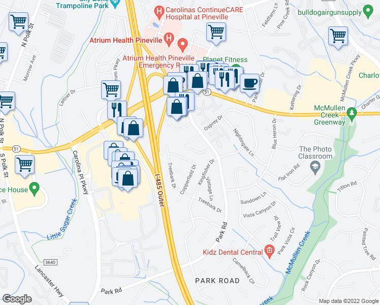map of restaurants, bars, coffee shops, grocery stores, and more near in Pineville