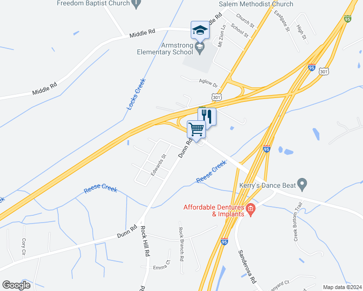 map of restaurants, bars, coffee shops, grocery stores, and more near 3115 Dunn Road in Eastover