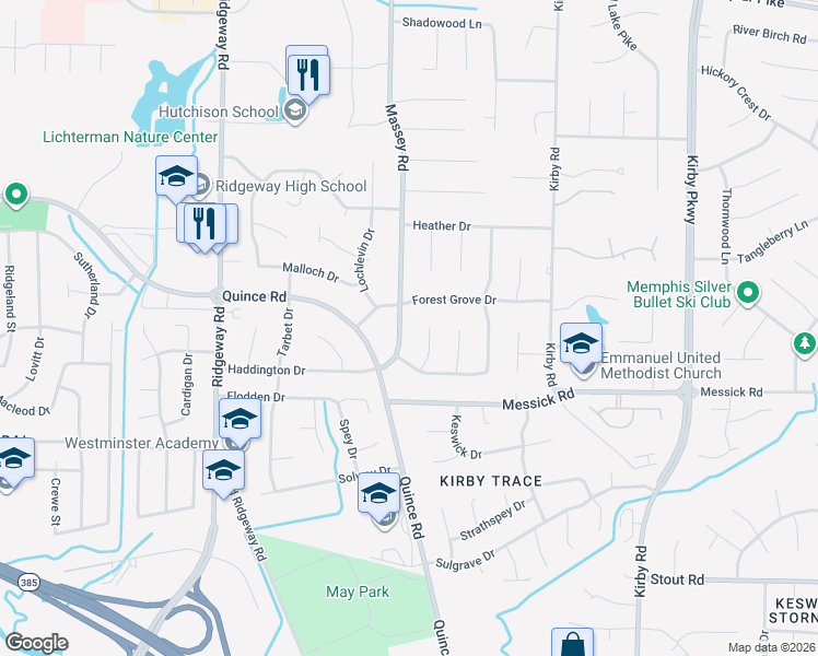 map of restaurants, bars, coffee shops, grocery stores, and more near 2342 Massey Road in Memphis