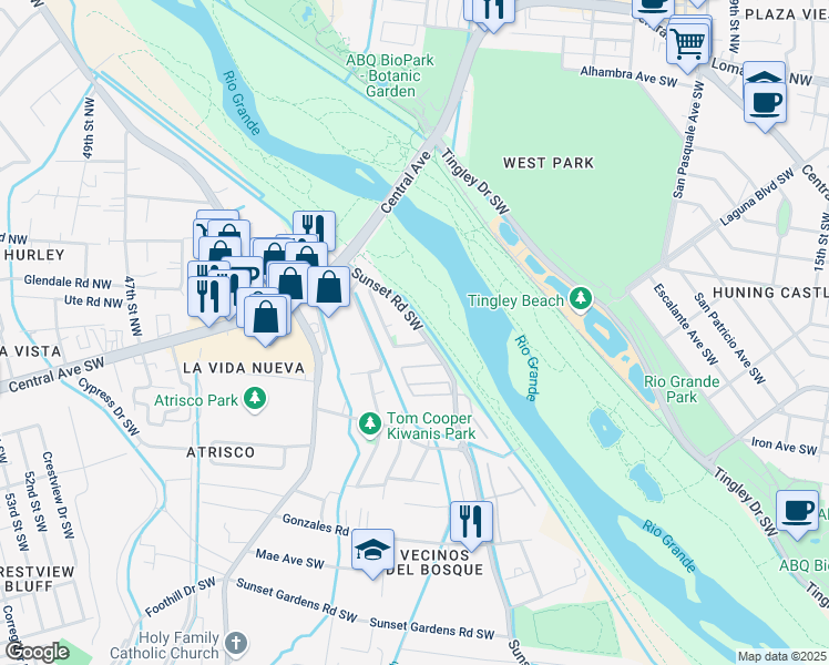 map of restaurants, bars, coffee shops, grocery stores, and more near 197 Sunset Road Southwest in Albuquerque