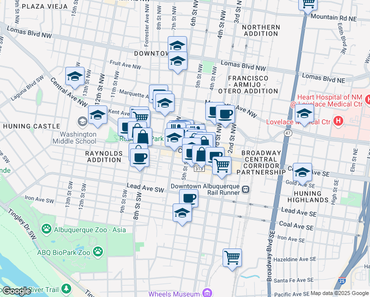 map of restaurants, bars, coffee shops, grocery stores, and more near 505 Central Avenue Southwest in Albuquerque