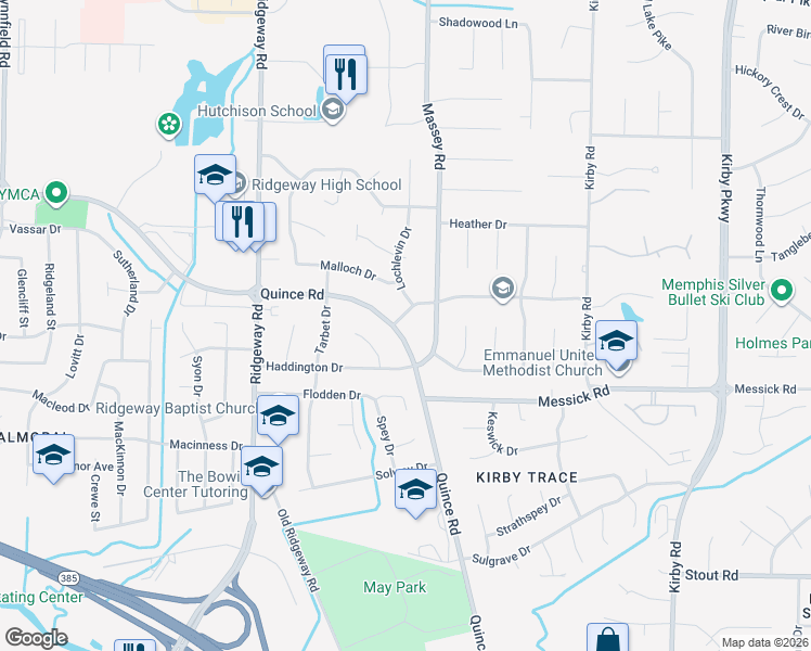 map of restaurants, bars, coffee shops, grocery stores, and more near 6219 Forest Grove Drive in Memphis