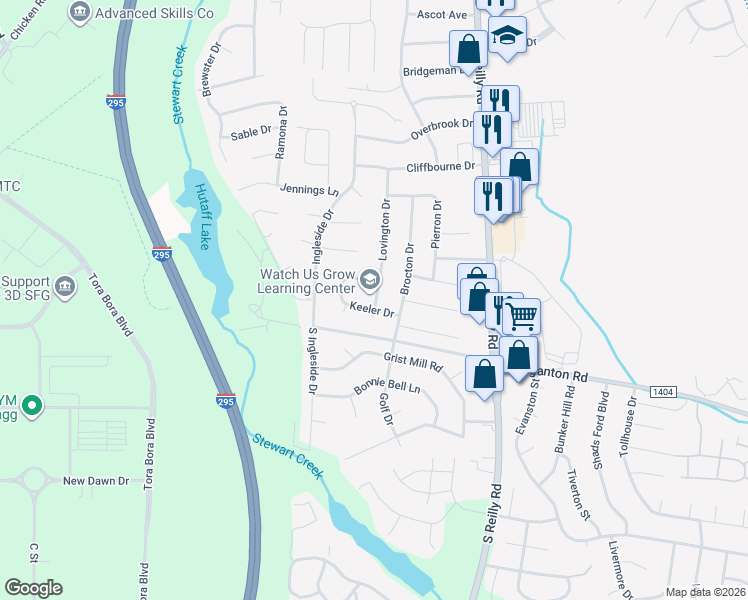 map of restaurants, bars, coffee shops, grocery stores, and more near 203 Lovington Drive in Fayetteville