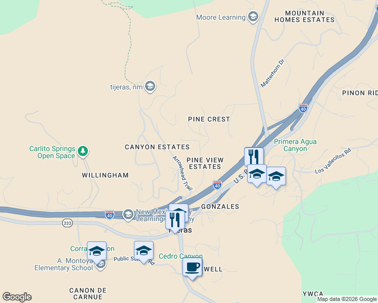 map of restaurants, bars, coffee shops, grocery stores, and more near 20 Arrowhead Trail in Cedar Crest