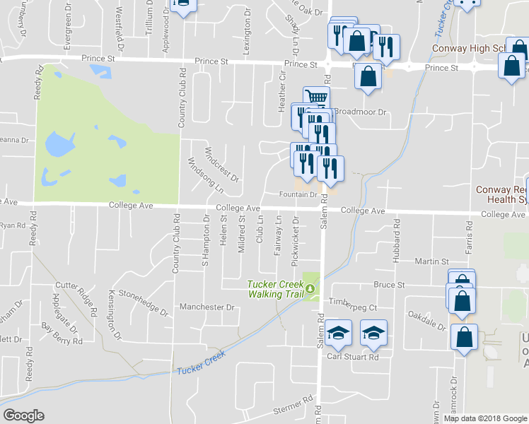 map of restaurants, bars, coffee shops, grocery stores, and more near 100 Club Lane in Conway