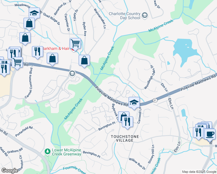 map of restaurants, bars, coffee shops, grocery stores, and more near 6617 Reafield Drive in Charlotte
