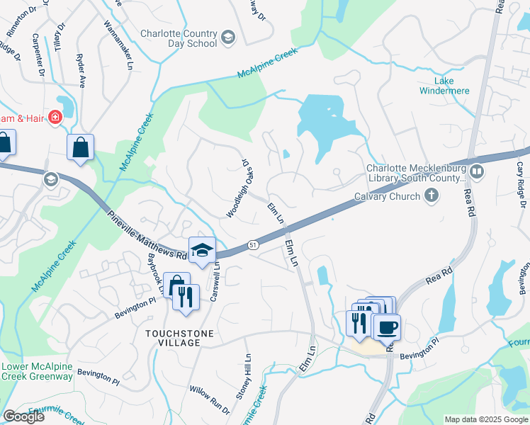 map of restaurants, bars, coffee shops, grocery stores, and more near 6111 Dunmoor Valley Court in Charlotte