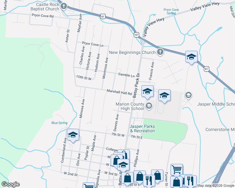 map of restaurants, bars, coffee shops, grocery stores, and more near 825 Dennis Ave in Jasper